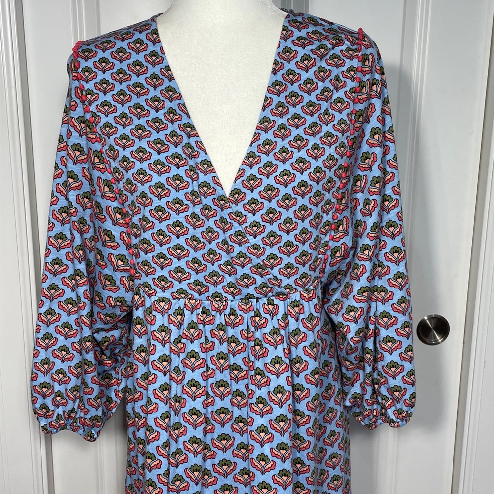Boden Anita Jersey Midi Dress Size 10 Dusty Blue Oriental Meadow V Neck - Picture 3 of 16